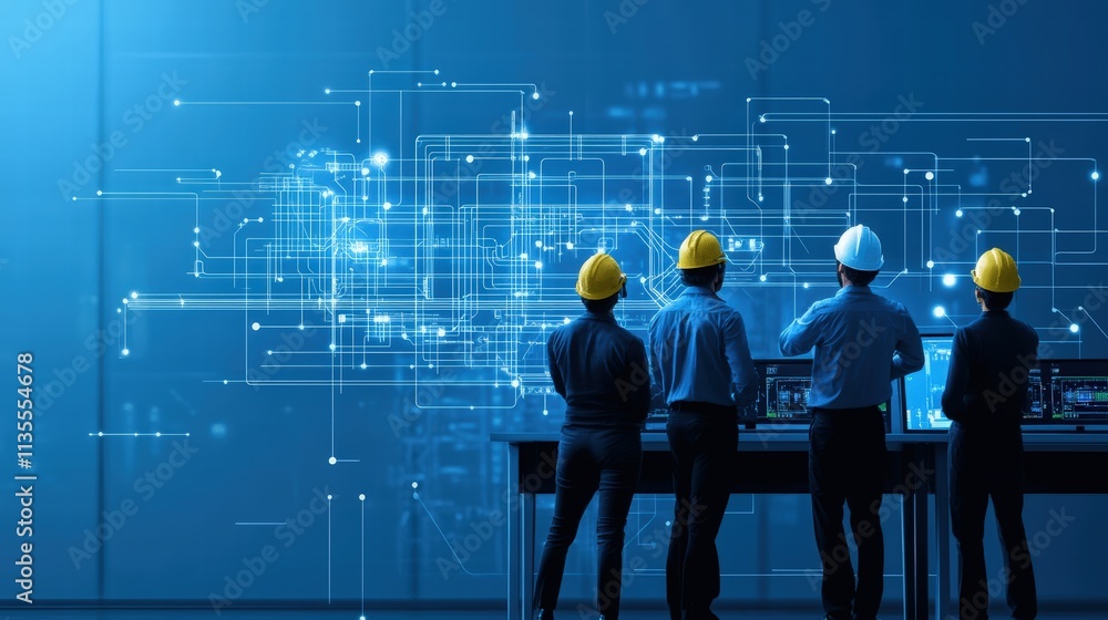Poster Engineers Analyzing Data with Digital Interface and Technology Background in Modern Office Environment with Blue Lighting and Construction Helmets