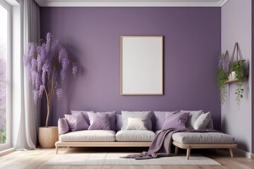 home interior, scandi-Boho style, blank poster frame, window, Wisteria Purple wall background