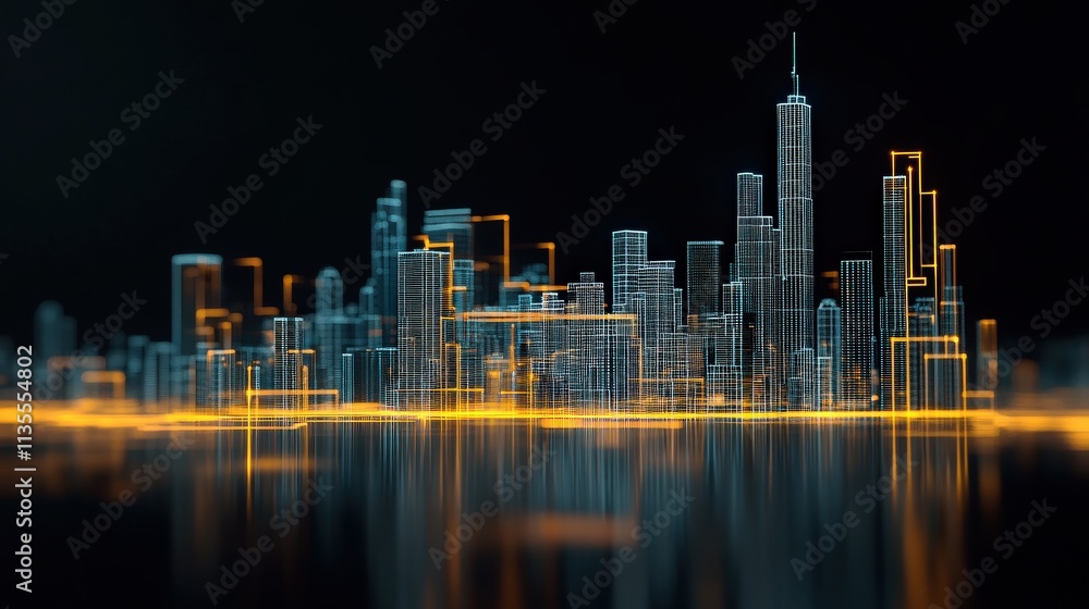 Aufkleber Futuristic City Skyline with Illuminated Lines and Reflections, Showcasing Modern Architecture and Technological Innovation at Night in a High-Resolution Stock Image