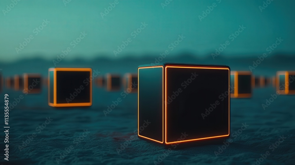 Aufkleber Futuristic Scene with Neon-lit Cubes in a Mysterious Landscape, Evoking a Sense of Technology and Innovation with Blurry Background Elements and Glowing Edges