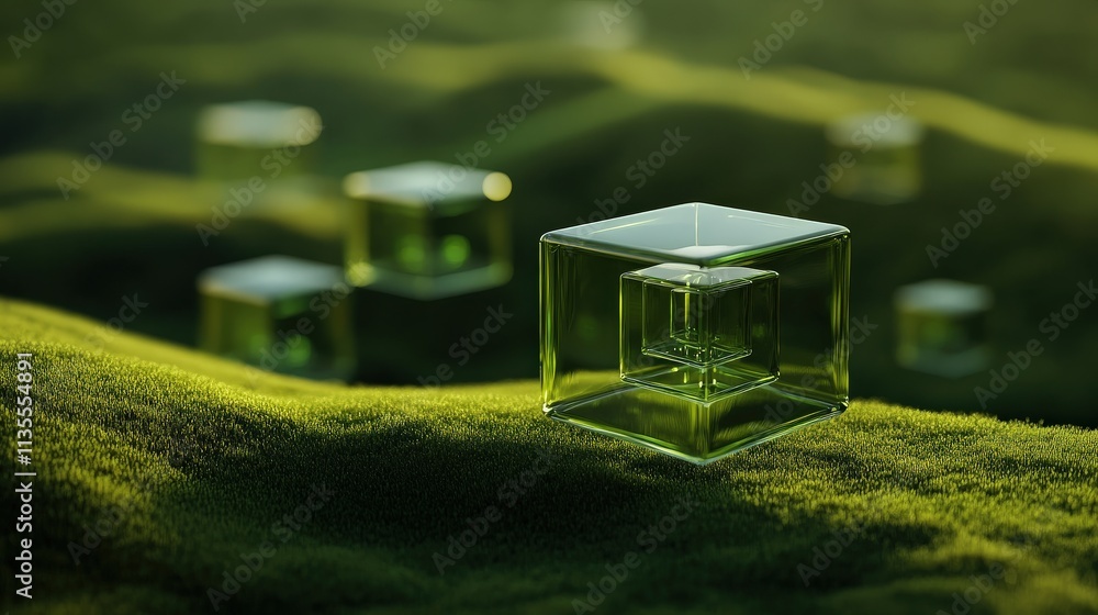 Poster soft green landscape with transparent glass cubes reflecting light, creating an ethereal and dreamli