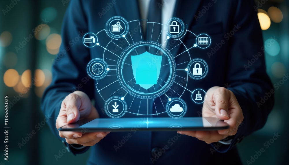 Poster business person examines digital security system on tablet. cyber protection methods, security syste