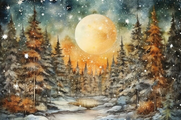 Fototapeta premium winter spruce forest and full moon over it., watercolor style, 