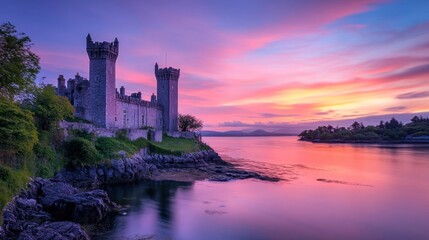 Majestic Castle at Sunset: A Breathtaking Coastal Scene