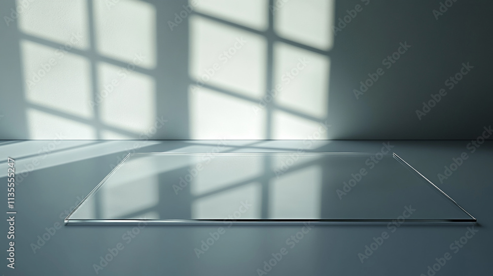 Poster glass sheet reflecting sunlight in a tranquil indoor space with shadow patterns