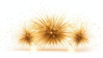 Obraz premium Elegant gold glitter base with vibrant fireworks shooting upward, surrounded by tiny golden flecks and glowing light effects. Isolated on white background