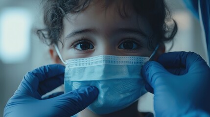 A close-up of a healthcare worker securing a face mask on a child, with their gloved hands adjusting the straps. The soft light and blurred clinical background create a sense of safety and care 
