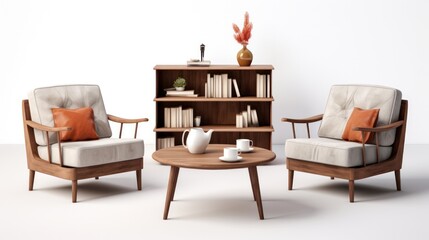Modern living room with a wooden coffee table stacked with books and a cup of coffee, cozy armchairs, and a warm rug isolated on white background