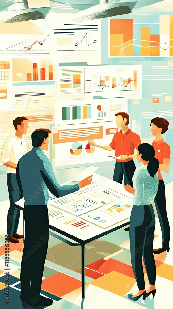 Poster team reviewing data charts graphs and reports