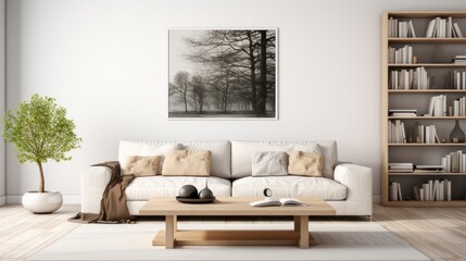 Stylish living room featuring a minimalist coffee table with open books and a steaming coffee mug, surrounded by contemporary furniture