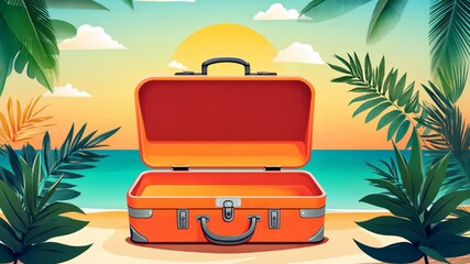 Bright orange suitcase awaits adventure on tropical beach at sunset surrounded by lush greenery and ocean waves