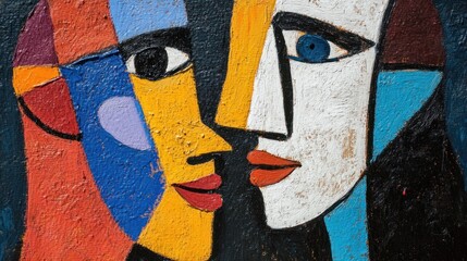 Abstract faces with geometric forms.