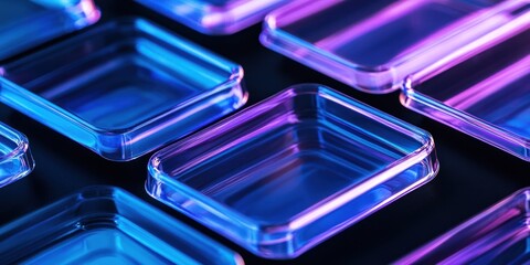 Abstract neon blue and purple glass squares.