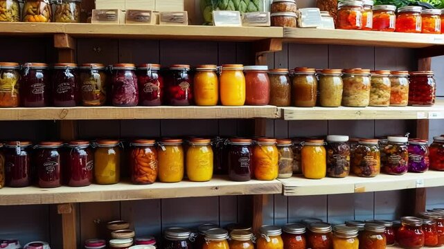 Colorful jars filled with preserved food line wooden shelves, showcasing a variety of homemade items like pickles, jams, and sauces, creating an organized and abundant pantry display