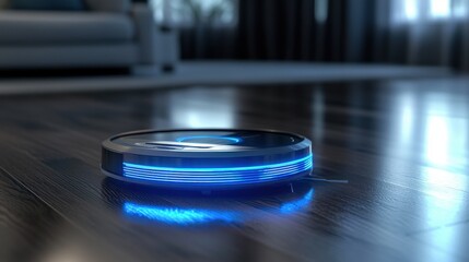A close-up of a robotic vacuum navigating a hardwood floor, with its sensors glowing faintly. The fine details of the surface and the soft reflections emphasize the convenience of smart home 
