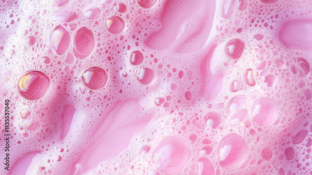 Poster bubbles and foam create a vibrant pink surface in a playful liquid setting