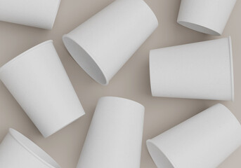 lying on the floor several coffee cups with sleeve 3D mock up image