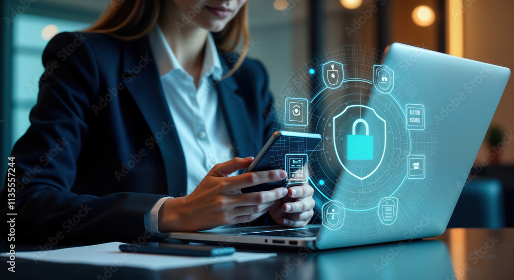 Poster businesswoman using devices for cyber security. modern tech tools, digital approach in cyberspace. p