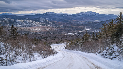 Snow-covered winding road through the mountains in winter