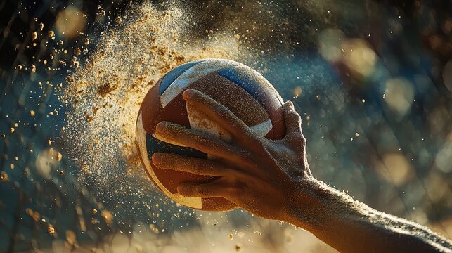 A close-up of a volleyball being spiked, with sand particles scattering into the air. The fine details of the ball’s surface and the visible tension in the player’s hand capture the intensity 