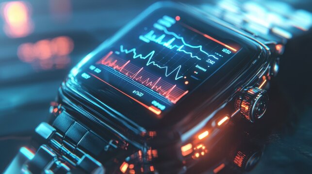 A close-up of a wearable health monitor, with glowing graphs showing heart rate and oxygen levels. The sleek design and sharp data visuals underscore the integration of medical technology into 