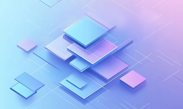 Abstract pastel blue and pink squares, cubes and geometric shapes.