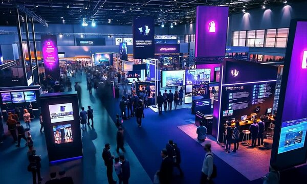 A bustling exhibition hall filled with attendees exploring various tech displays and booths.