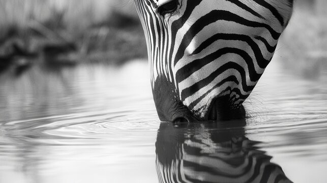 A close-up of a zebra drinking from a waterhole, its distinctive black-and-white stripes reflected in the still water. The blurred background of dry grasslands adds context to the scene, showcasing 