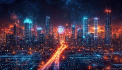 Naklejka premium Futuristic Cityscape at Dusk with Neon Lights