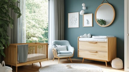 Serene Nursery Decor: Modern Wooden Crib, Changing Table, and Relaxing Chair in a Teal Room