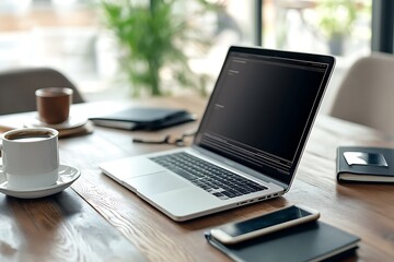 Fototapeta premium Modern workspace with laptop, coffee, and office supplies. Concept of productivity, work from home, and digital nomad.