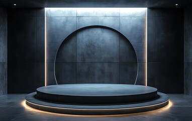 Dark, minimalist concrete podium with neon lighting and circular cutouts, ideal for product display or presentation.