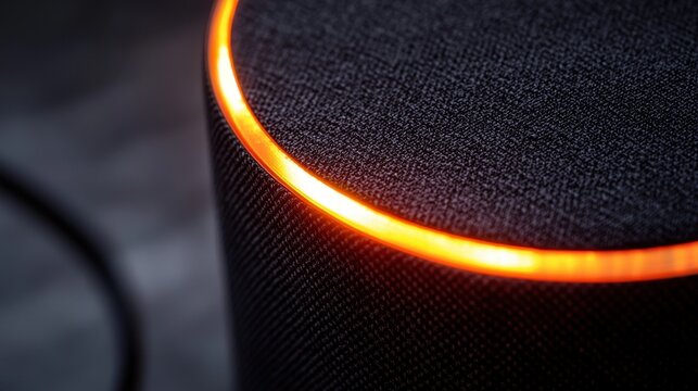 A detailed close-up of a smart speaker with a glowing LED ring indicating an active voice command. The textured fabric exterior and minimalist design reflect the seamless integration of AI assistants 