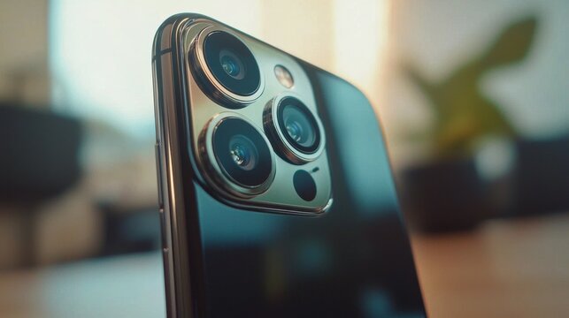 A detailed close-up of a smartphone’s triple-camera array, each lens surrounded by a polished metallic ring. The soft ambient light reflects on the sleek glass back, and the blurred workspace 