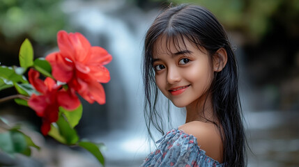 Naklejka premium Young girl smiles near vibrant red flowers with a waterfall in the background during daytime