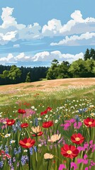 Obraz premium Summer Wildflower Meadow Landscape Under Blue Sky