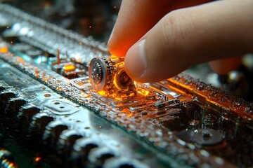 A hand delicately adjusts a glowing component on a circuit board, showcasing technology intricacies.