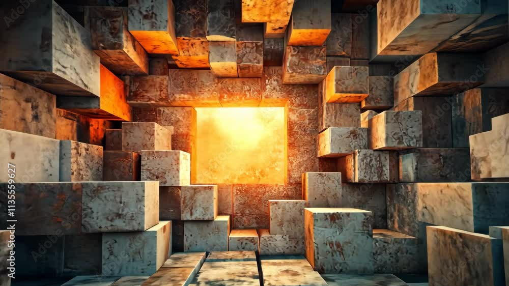 Poster intricate geometric blocks illuminated by a glowing light source in a textured space