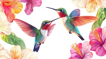 Two Hummingbirds Hovering Amongst Vibrant Tropical Flowers