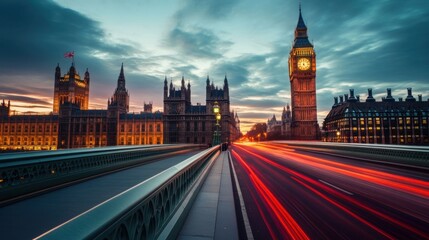 Obraz premium Big Ben, bridge, sunset, city; lights streak.