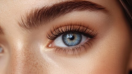 Fototapeta premium Close up of a woman's blue eye with long eyelashes and natural makeup.