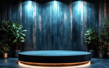 Dark blue wooden backdrop with circular platform, spotlights, and potted plants.