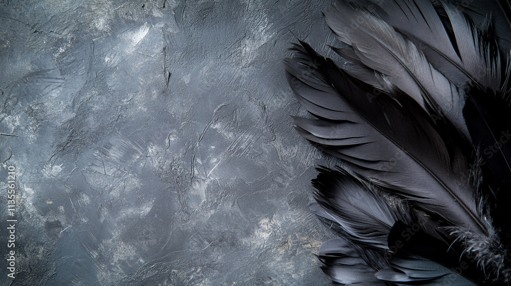 Aufkleber black feathers arranged artistically on a textured gray background creating a dramatic effect