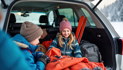 Family loads winter gear, ski equipment into car trunk. Children in warm clothing, hats help. Snowy mountains background indicates winter family trip. Cozy atmosphere. Children excited about winter