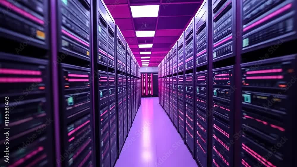 Poster modern data center with rows of servers illuminated in pink light creating a vibrant technological a