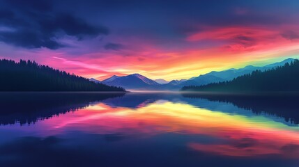 Fototapeta premium Vivid sunset reflecting on a serene lake.