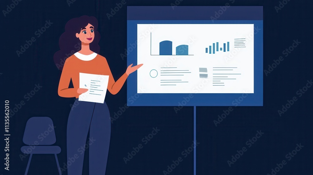 Poster professional woman presenting data on a screen in a modern business setting with graphs and statisti