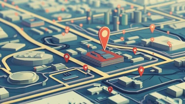 Red location pin jumps around a modern city center, highlighting different buildings in an isometric view