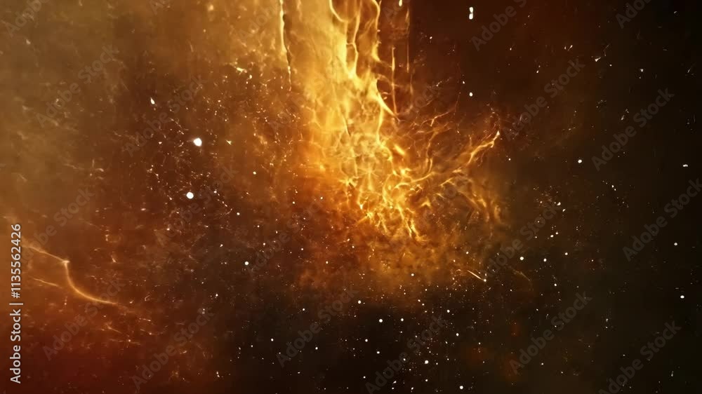 Poster dynamic explosion of golden particles creating abstract cosmic effects in a dark background