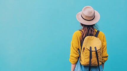 Young Woman in Yellow Sweater with Backpack and Hat Against a Blue Background